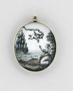 Pendant, c.1750 (sepia on ivory, gold, hair & glass) by Unknown artist