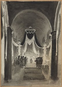 Peter III ve Catherine II için Mezar Törenine Peter ve Paul Katedrali Dekorasyonu - Anonim. Kağıt üzerine kalem, fırça, sulu boya, mürekkep by Unknown artist