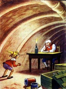 Pinokyo, babasını büyük bir balığın göbek mağarasında bulur. Carlo Collodi