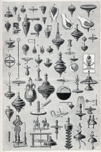 Farklı şekillere ve döndürme sistemine sahip bir eğirici koleksiyonunu gösteren plaka. “” La Nature” da gravür by Unknown artist