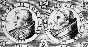 Papalar Victor II (veya Victor 2 1057 öldü) ve Stephen IX (veya Stephane 9 1058 öldü). 18. yüzyılın gravürü. by Unknown artist