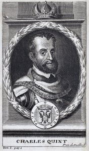 Charles V (1500-1558), İspanya Kralı ve İspanyol Amerika, Sicilya Kralı ve Kutsal Roma İmparatorluğu Cermen İmparatoru (1519-1556) portresi. “Flanders Savaşı Tarihi”ni göstermek için gravür, Flamianus Strada, baskı Joseph T