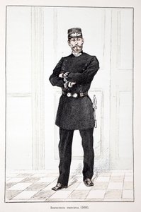 Baş Müfettiş (1894). Renklerle gravür, illüstrasyon için, Seine polisi Louis Lepine (1846-1933) himayesinde, Alfred Rey (1864-?) ve Louis Feron (1862) tarafından yayınlanan “Barış Gücü Kolordu Tarihi”” kitabı -?) by Unknown artist