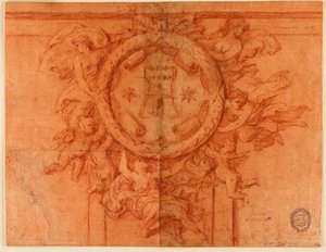 Duvar dekorasyonu projesi (Kadın figürleri ve putti, armalı dairesel bir madalyonu destekler) by Unknown artist