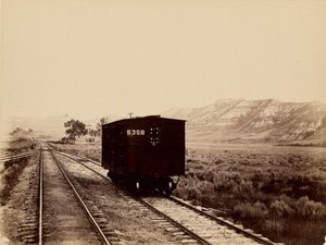[Raylar üzerinde demiryolu arabası] by Unknown artist