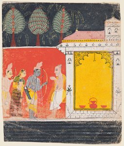 Rama, Sita ve Lakshmana, bir Ramayana'dan Prayaga'da Bilge Bharadvaja'nın İnziva Yerini Ziyaret Ediyor by Unknown artist