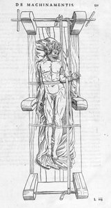 Kırıkların azaltılması: Bir adam bir sedyeye sabitlenir, kırık kolu iki eksen arasında gerilir. Carlo Stefano Riverio, Paris 1545 tarafından “” De dissectione partium corporis humani lbri tres... “” adlı resimli plaka. by Unknown artist