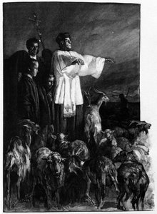 Dini ayinler: Yükseliş gecesi şehir meydanında şeytan çıkarma töreni. 19. yüzyılın Sicilya gravürü by Unknown artist
