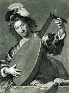 Enstrümanını akort eden bir ud oyuncusunun temsili. by Unknown artist