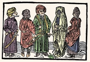 Karabuğday temsili. Kolları birbirine dolanmış kafalı erkekler ve peçeli kadınlar. 15. yüzyılın ksilografisi by Unknown artist