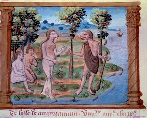 İnsan vücudu ve köpek başlı canavar yaratıkların temsili. “Tatarlar olarak adlandırdığımız Moğolların Tarihi, geleneklerin, coğrafyanın, tarihin ve Moğol halkının önde gelen şahsiyetlerinin tarifi” nden alınan minyatür, Frangı