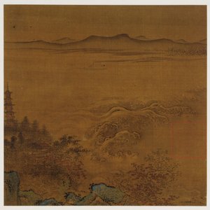 Nehir manzarası: bir pagoda, köpüren akarsular, uzak tepeler by Unknown artist