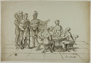 Roma İmparatoru Masada Oturan Bir Kadın Grubuna Yaklaşıyor by Unknown artist