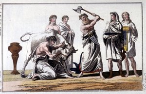 Keltler arasında bir boğa kurbanı. 19. yüzyıl gravürü. by Unknown artist