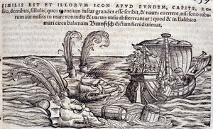 Denizciler, peşindeki canavarların dikkatini dağıtmak için denize varil atarlar. Conrad Gesner (1516-1565), Tiguri