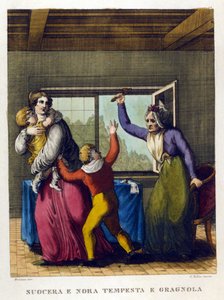 Atasözü: “” Güzel anne ve kızı, tempete ve grele””. 18. yüzyıl atasözleri koleksiyonundan bir illüstrasyon. by Unknown artist