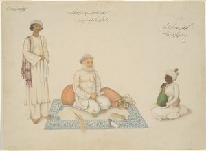 Sind Şahı İnayet Allah, Müzisyeni Makkhu ve Yardımcısı Şeyh Kıyamüddin ile birlikte, Fraser Albümünden bir sayfa by Unknown artist