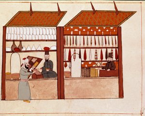 Konstantinopolis sokaklarında dükkanlar. Minyatür, 17. yüzyıldan (1671) bir orijinalden sonra 19. yüzyıla ait bir Cicogna el yazmasından (1828) alınmıştır. Venedik, Biblioteca Marciana by Unknown artist