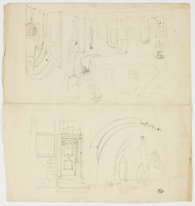 Kapı Girişi, Figürler, Kilisenin Yan Girişi ile Bina Eskizleri (recto); Kulenin Eskizi (verso) by Unknown artist