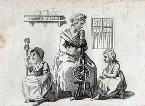 Eğirme: anne ve kızları yün eğirme. Kadın bir çıkrık kullanıyor ve kızı bir uzun kuyruk kullanıyor. 18. yüzyılın son gravürü. Özel koleksiyon. by Unknown artist