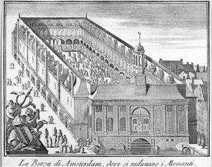 Tüccarların toplandığı Amsterdam Menkul Kıymetler Borsası. 18. yüzyıl gravürü. by Unknown artist