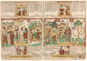 Yoksulların İncili (Biblia Pauperum), Firavun'un Kızıldeniz'de Boğulan Ordusu; İsa'nın Vaftizi; ve Musa'nın Canaan'dan Üzümlerle Dönen Casusları Esav Yakup'a Doğuştan Hakkını Satıyor; İsa'nın Günaha; ve Adem ve Havva'nın Aya by Unknown artist