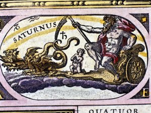 Tanrı Satürn (Cronos) iki ejderha tarafından çizilmiş bir tank üzerinde. by Unknown artist