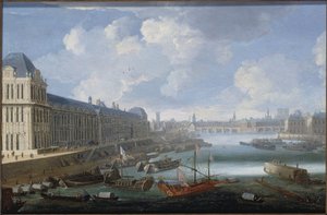 Louvre Büyük Galerisi, Pont-Neuf, Cité, Collège des Quatres-Nations, yaklaşık 1670 Seine Nehri üzerinde, kraliyet kadırgası, 1670-1685 yılları arasında (ahşap üzerine yağlıboya) by Unknown artist