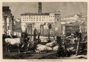 Roma forumunda yem kirası var, öküzler arabaların ve antik kalıntıların ortasında yatıyor. Gravür dökün illustrrer le voyage à Roma, Francis Wey tarafından, 1864-1868