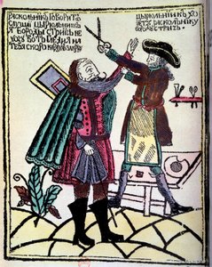 Rus Çarı Büyük Petro (1672-1725) 1722'de sakalın kesilmesini gerektiren bir reform ilan etti. 18. yüzyıl Paris gravürü, BN by Unknown artist