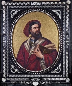 Venedikli kaşif Marco Polo, kolunun altında “Harikalar Kitabı” adlı eseri tutarken seyahatlerinin izini sürüyor. by Unknown artist