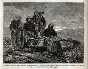 Kömür ayırıcılar, Creusot tipi; ön planda, el arabası üzerinde oturan, sıralayıcıların en yaşlısı, anne Dion, 36 yıllık sıralama. 1865