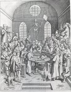 Diseksiyon Doktorlar ve bilim adamlarından oluşan grup, bir amfi tiyatroda bir diseksiyonu izlemek için yeniden bir araya geldi. 1788 gravür by Unknown artist