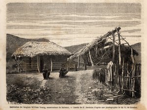 Yerli emeği kullanan veya onları sıkı çalışma sürelerinin sonuna kadar mahkum eden Noumea yakınlarındaki bir İngiliz inşaatçının konutu ve tersanesi. Gravür dökün illustrrer le voyage à la Nouvelle Caledonie, 18 yılında maden inşaat mühendisi Jules Garnier by Unknown artist
