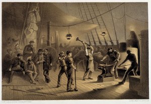 Güvertede demirci. 9 Ağustos gecesi, ırgat için ifon kaplamanın hazırlanması - W. H. Russel tarafından “Atlantik telgrafı”nda, yaklaşık. 1860 by Unknown artist