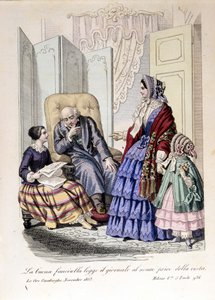 Kız, görme yetisini kaybeden büyükbabasına gazete okur. "Ore casalinghe"den, Kasım 1853. by Unknown artist