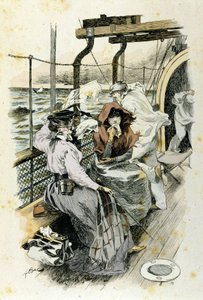 Gemideki yolcuların hayatı: genç bir kadın deniz tutmasından muzdarip. by Unknown artist