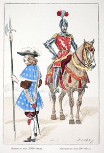17. yüzyılda gözcü çavuş ve 15. yüzyılda şövalye. Seine polisi Louis Lepine (1846-1933) himayesinde yayınlanan “Barış Muhafızları Kolordu Tarihi” kitabı için renkli gravür by Unknown artist