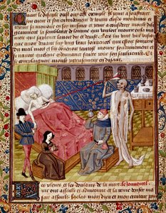 Hasta, Jean Gerson (1363-1429) tarafından "" Le Tresor de Sapience"den (veya "Le Traite du jardin amoureux") alınan Minyatür Ölüm karşısında şaşırır. 15. yüzyıl Chantilly, Musee Conde by Unknown artist