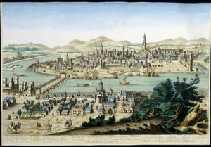 Sevilla limanı ve şehri - 18. yüzyılın gravürü. by Unknown artist
