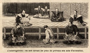 Adaletin aşamaları: Sorgulama, hakimlerin önünde duran sanığa iddianame okuması, dizleri, boynu bir gardiyan tarafından tutulan bir iple tutuluyor. İsviçre bakanı Aime Humbert tarafından 1863-1864