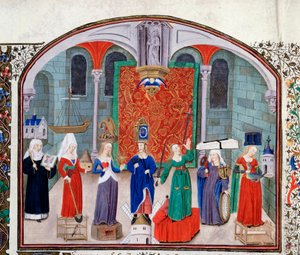 Teolojik ve kardinal erdemler teorisi. El yazmasından minyatür (Ms 927 fol.17V) Nicolas Oresme (1325-1382) tarafından Yunan filozof Aristoteles