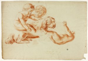 Köpekle Oynayan Üç Putti by Unknown artist