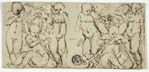 Trompet ve Meyveli İki Dekoratif Putti Grubu by Unknown artist