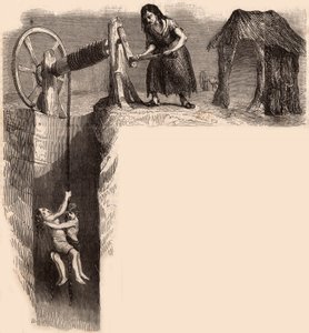 Vinçli bir kadın tarafından İngiliz kömür madeninden çıkarılan iki bitkin çocuk (gravür) by Unknown artist