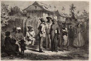 Yerli Cayenne (Fransız Guyanası) türleri, medreselerin fidanı (düğümlü elbise) giymiş ve rengarenk sarıklarla giyinmiş kadınlar, Batı kostümünü benimsediler. Frederic Bouyer tarafından 1862-1863