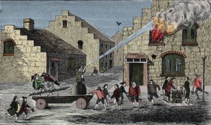 Bir yangını söndürmek için bir yangın pompasının kullanılması. 1733 gravür. by Unknown artist