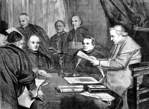 Vatikan Konseyi I. Papa Pius IX, Konsey Yönetim Kurulu üyeleri ile çevrilidir. 1869 by Unknown artist