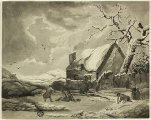 Bir Göletin Yanında Bir Kulübenin Dışında İnsanlarla Kış Manzarası by Unknown artist