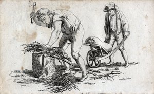 Odun demetleri yapan oduncular ve bir el arabası üzerinde demetler taşıyan adamlar. 18. yüzyılın son gravürü. Özel koleksiyon. by Unknown artist